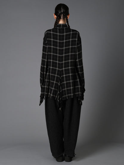 RAYON PLAID FLARED PANEL BLOUSE