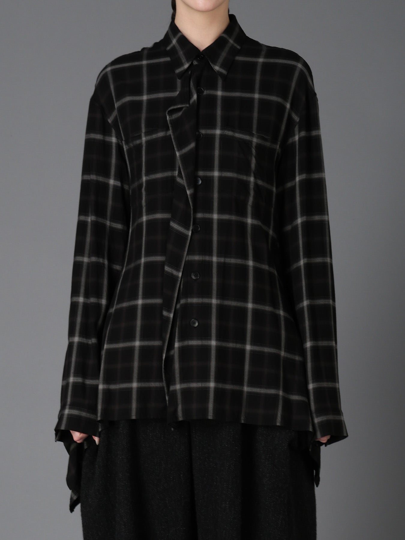 RAYON PLAID FLARED PANEL BLOUSE