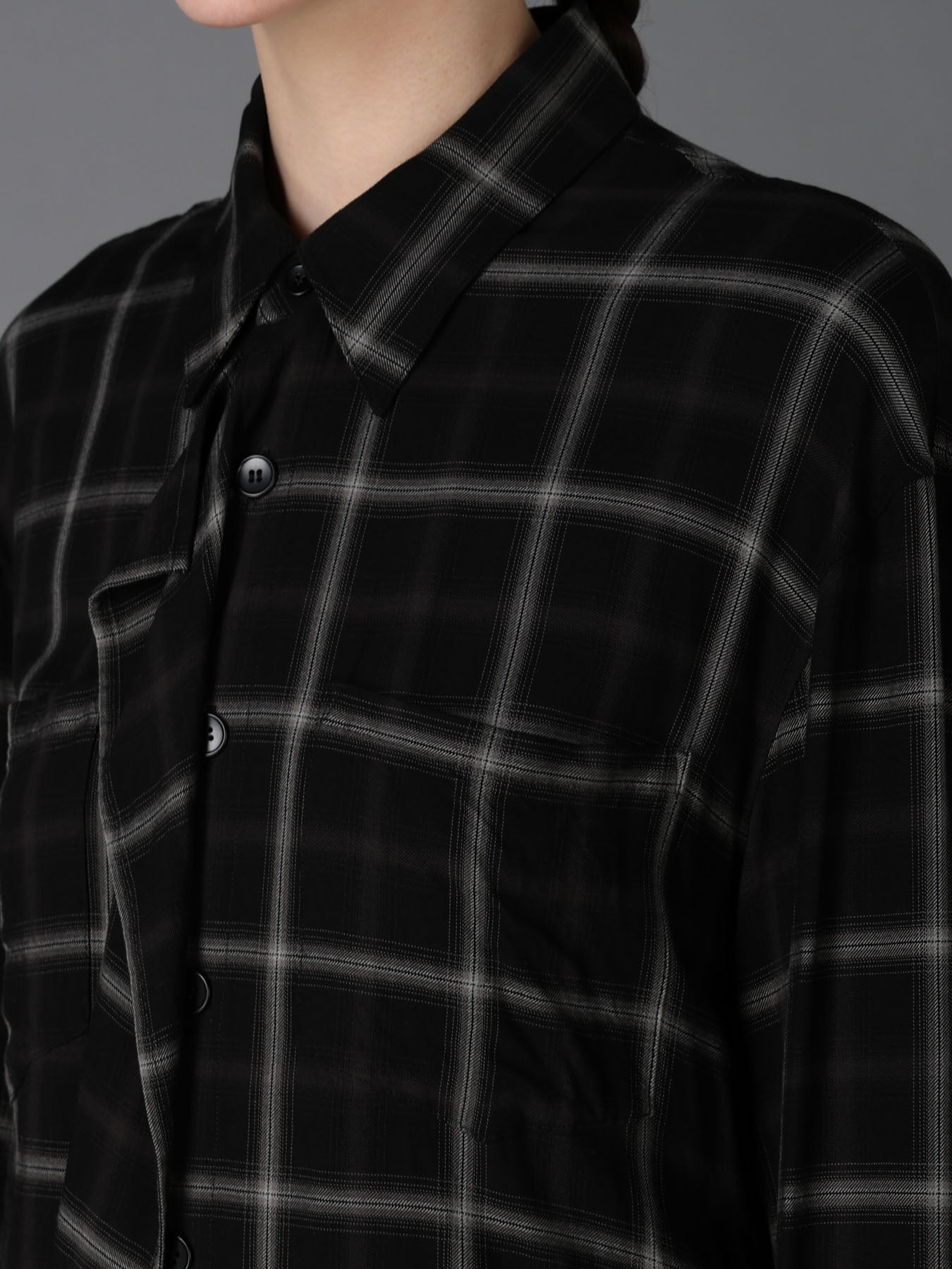 RAYON PLAID FLARED PANEL BLOUSE
