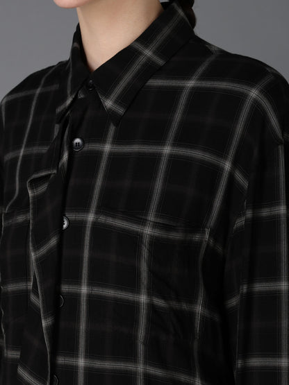 RAYON PLAID FLARED PANEL BLOUSE