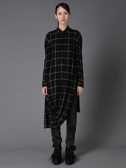 RAYON PLAID DRAPED HEM BLOUSE