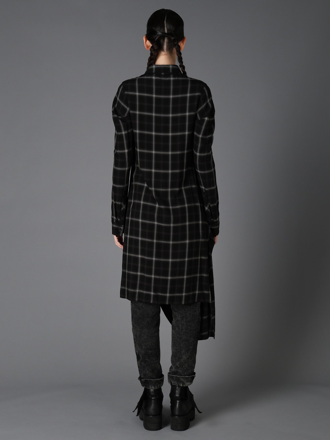 RAYON PLAID DRAPED HEM BLOUSE