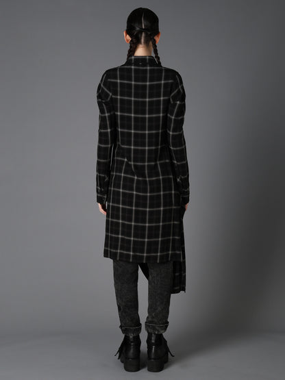 RAYON PLAID DRAPED HEM BLOUSE