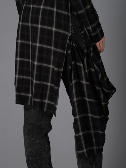RAYON PLAID DRAPED HEM BLOUSE