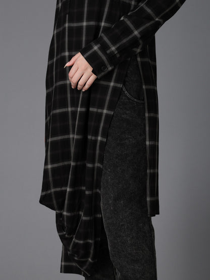 RAYON PLAID DRAPED HEM BLOUSE