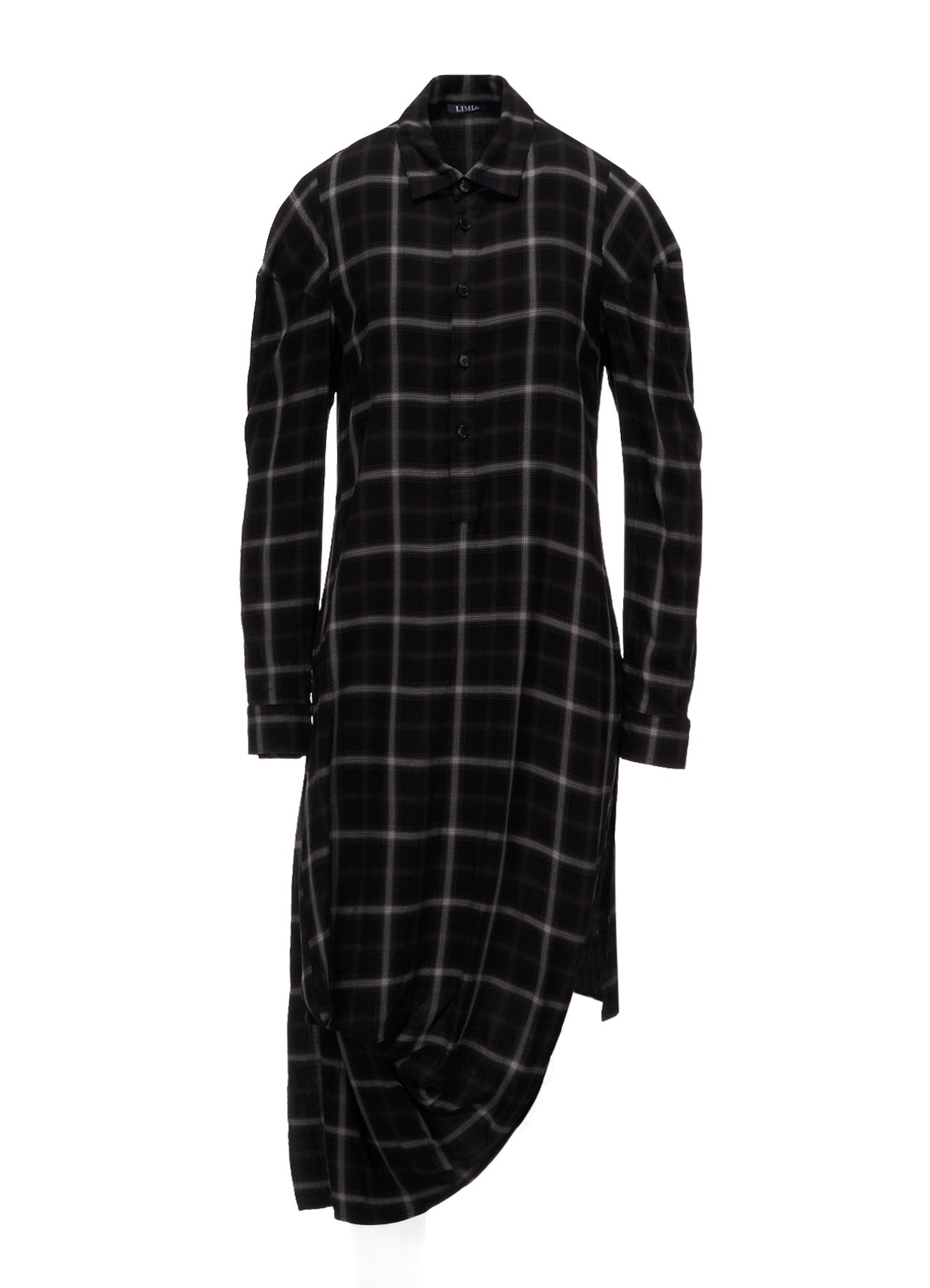 RAYON PLAID DRAPED HEM BLOUSE