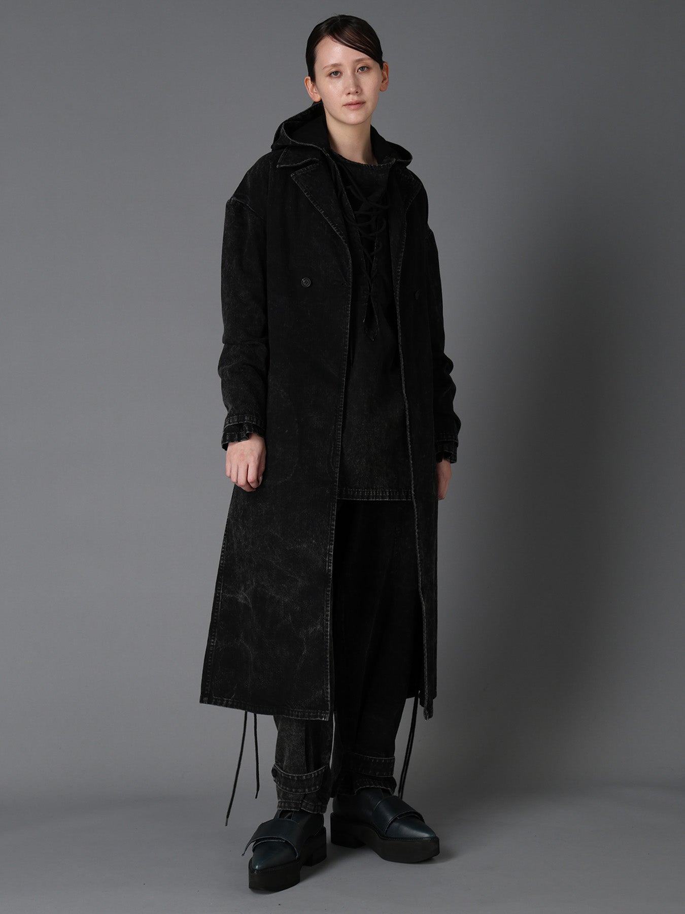CHEMICAL BLEACHED DENIM DOUBLE LONG COAT