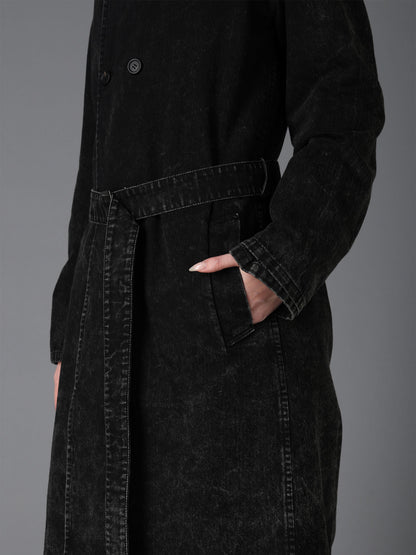 CHEMICAL BLEACHED DENIM DOUBLE LONG COAT