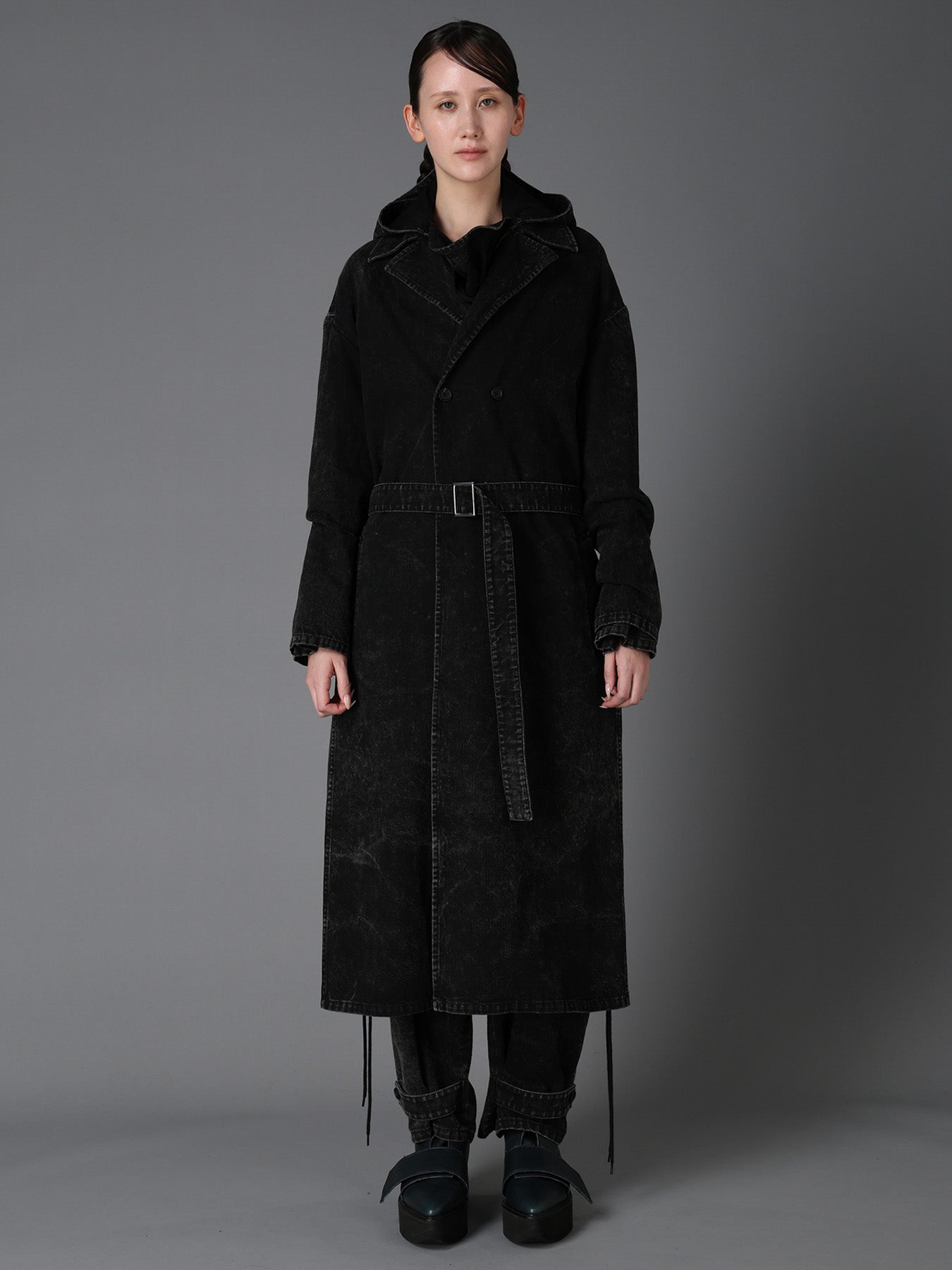 CHEMICAL BLEACHED DENIM DOUBLE LONG COAT