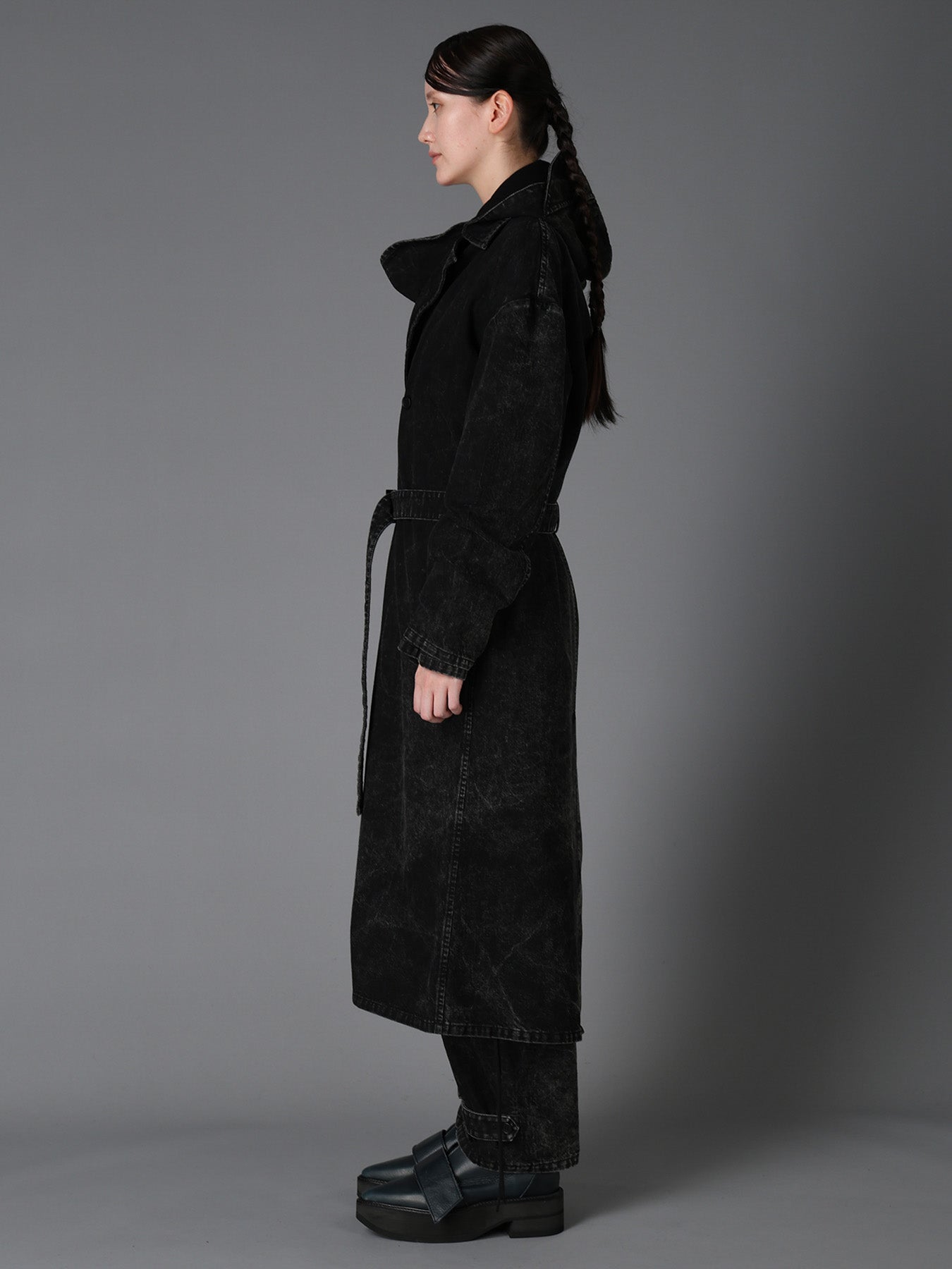 CHEMICAL BLEACHED DENIM DOUBLE LONG COAT