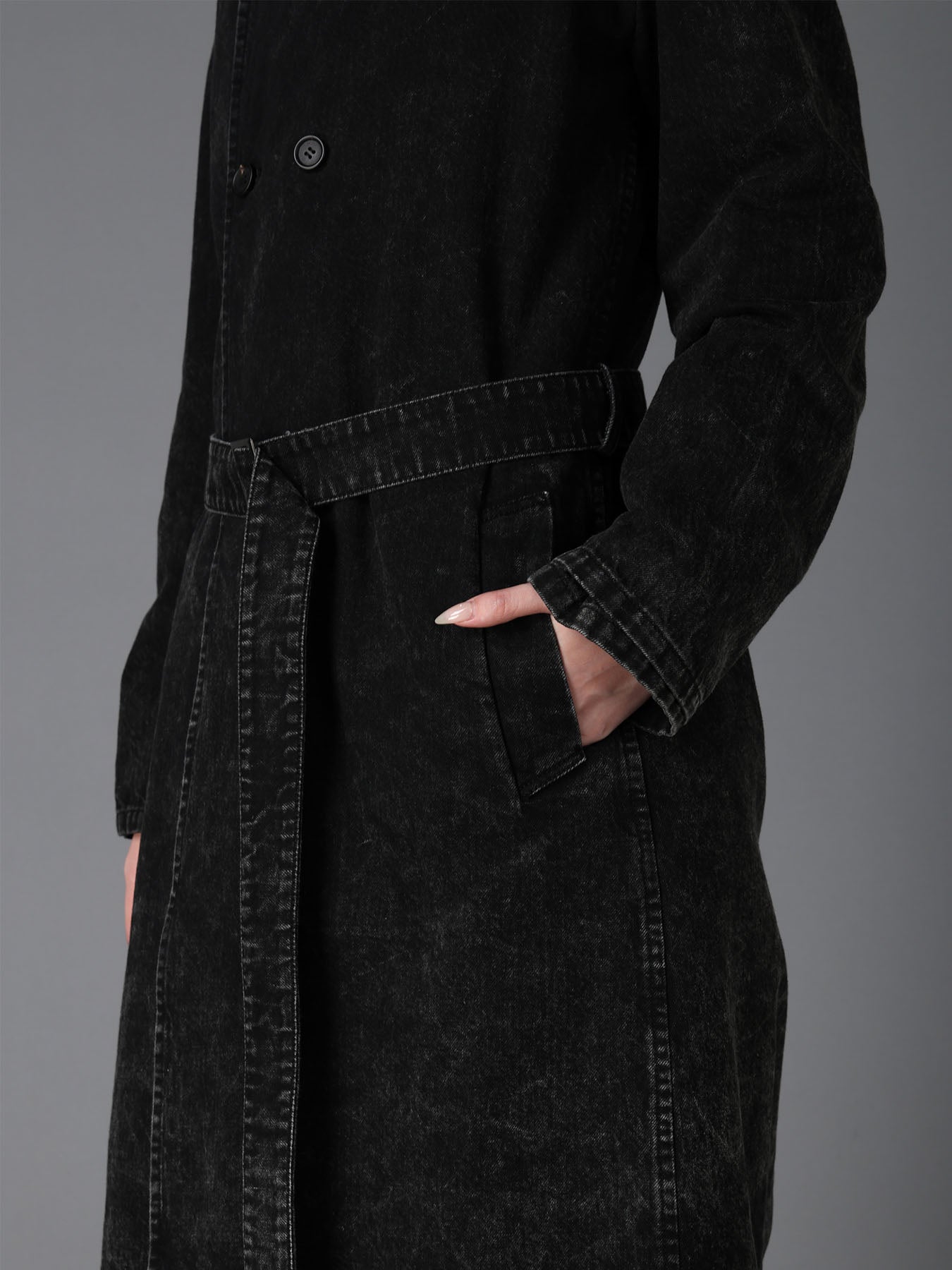 CHEMICAL BLEACHED DENIM DOUBLE LONG COAT