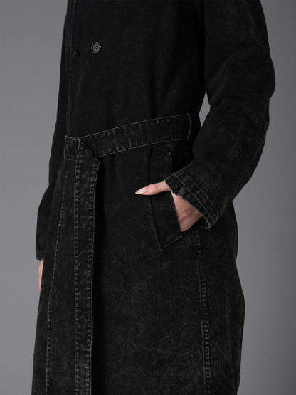 CHEMICAL BLEACHED DENIM DOUBLE LONG COAT