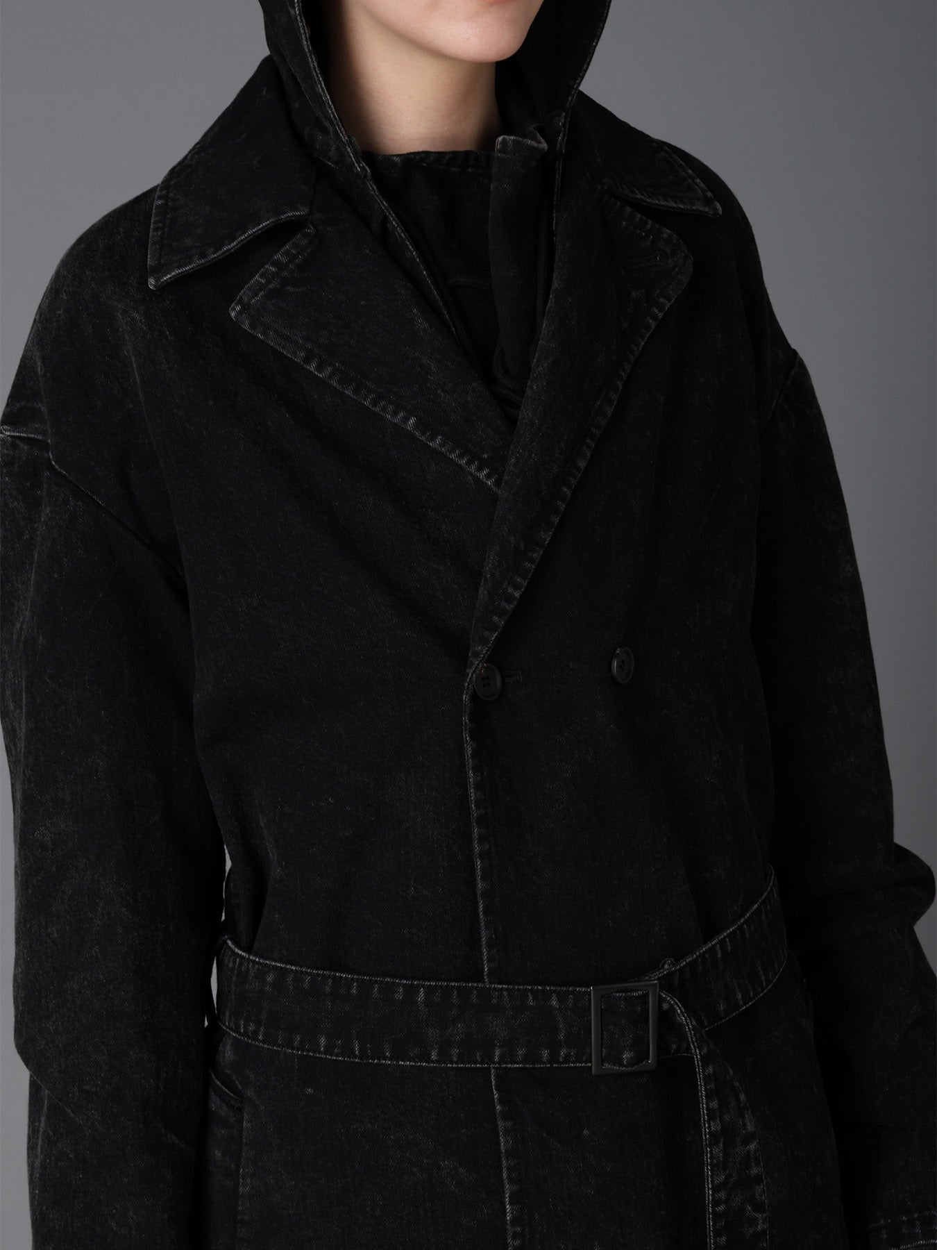 CHEMICAL BLEACHED DENIM DOUBLE LONG COAT