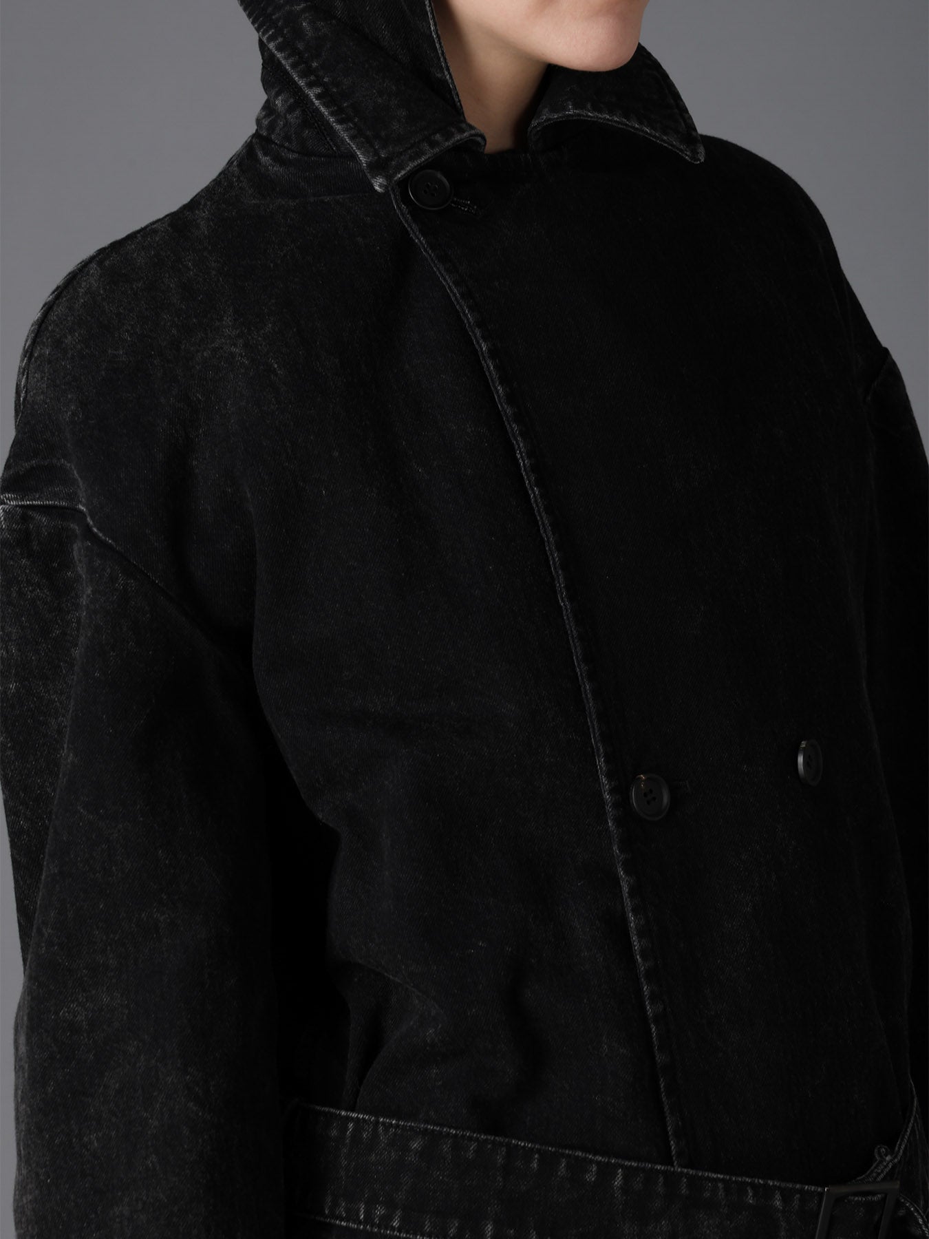 CHEMICAL BLEACHED DENIM DOUBLE LONG COAT