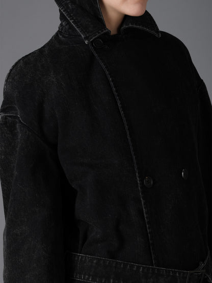 CHEMICAL BLEACHED DENIM DOUBLE LONG COAT