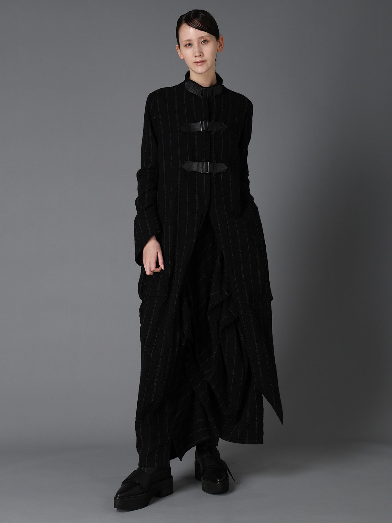 C/W STRIPE  BELTED LONG SLIT COAT