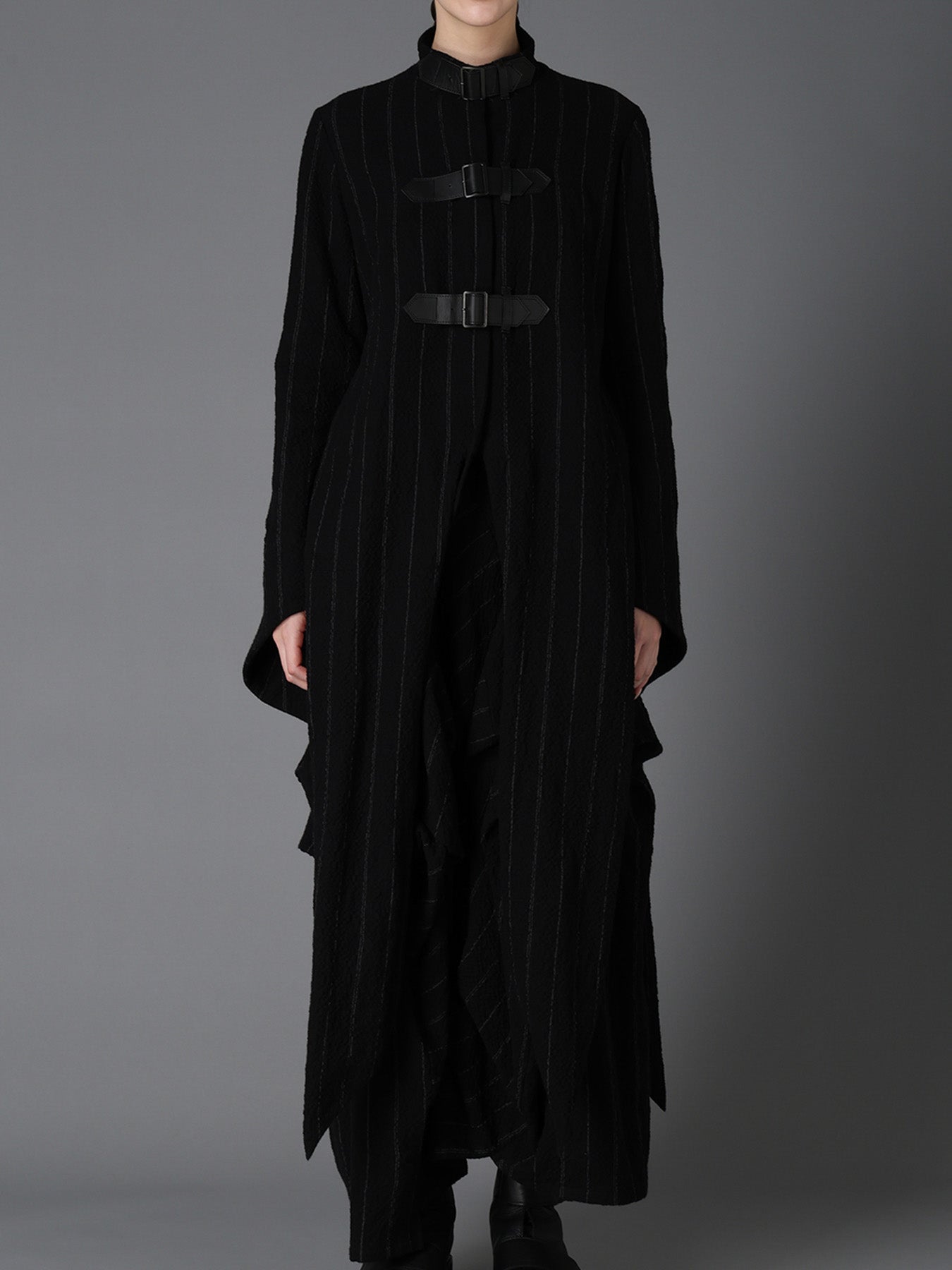C/W STRIPE  BELTED LONG SLIT COAT