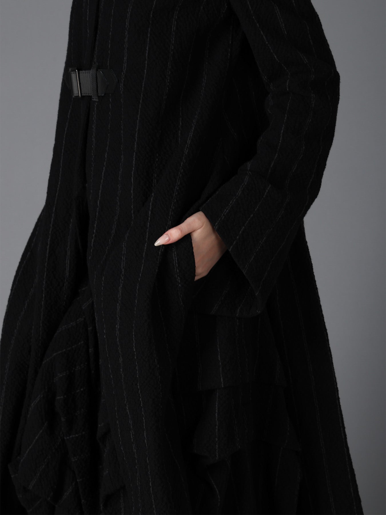 C/W STRIPE  BELTED LONG SLIT COAT