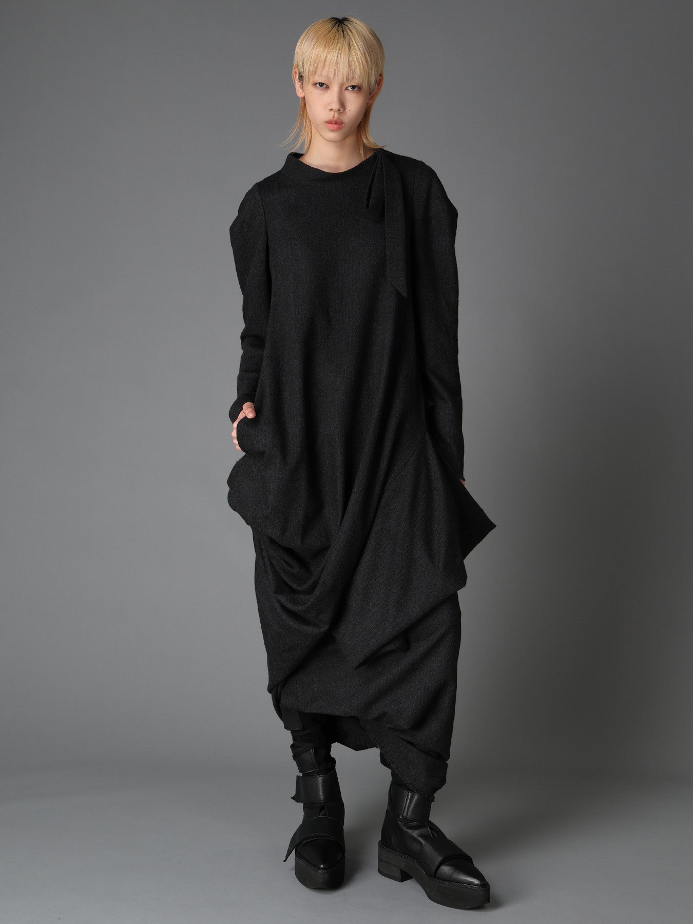 WOOL HERRINGBONE DRAPED DRESS