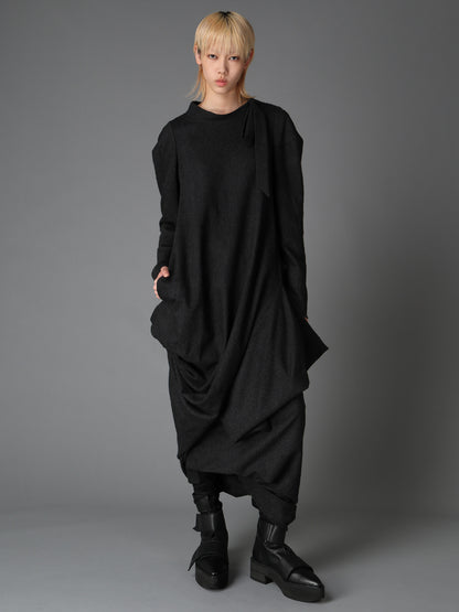 WOOL HERRINGBONE DRAPED DRESS