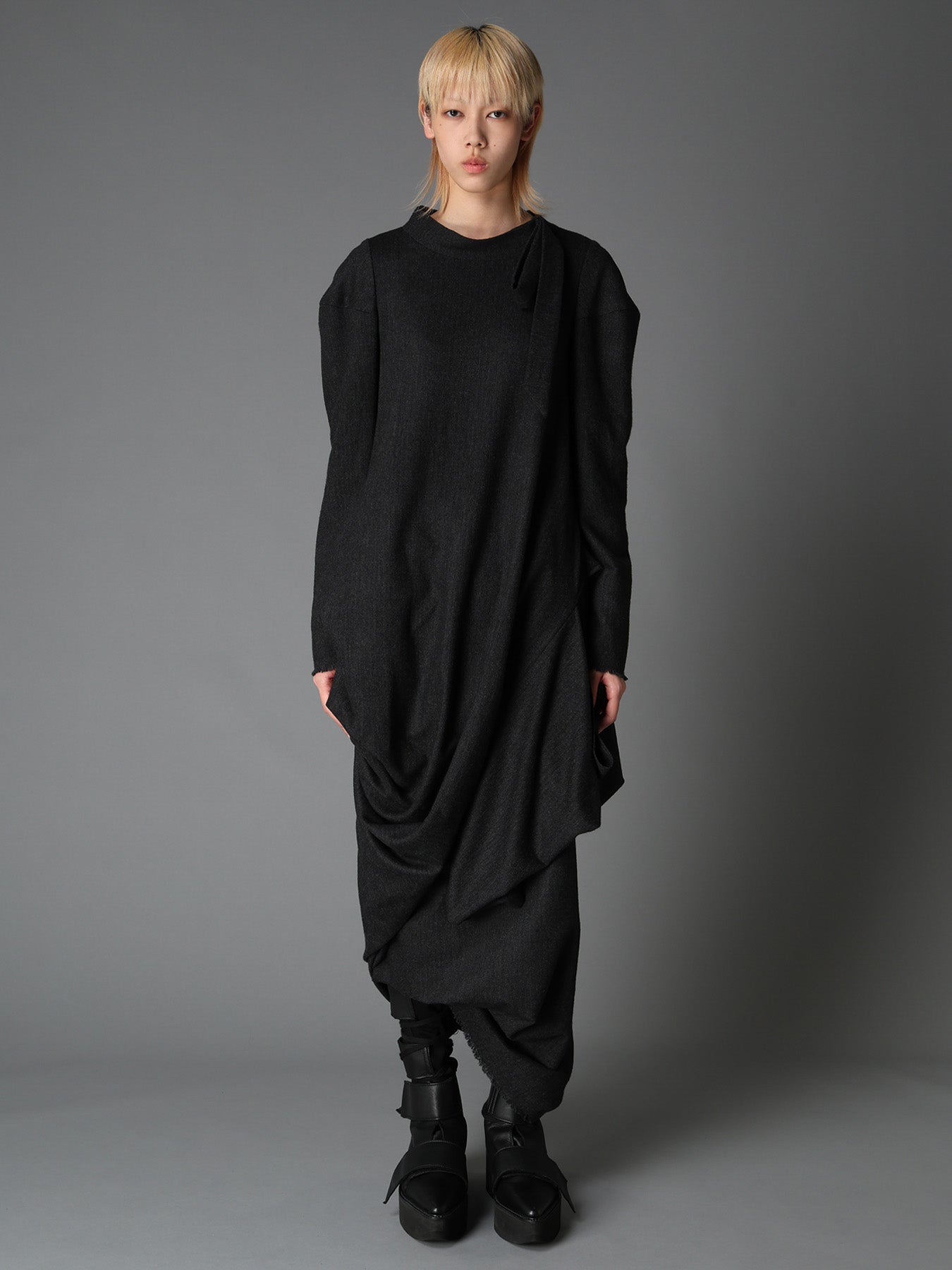 WOOL HERRINGBONE DRAPED DRESS