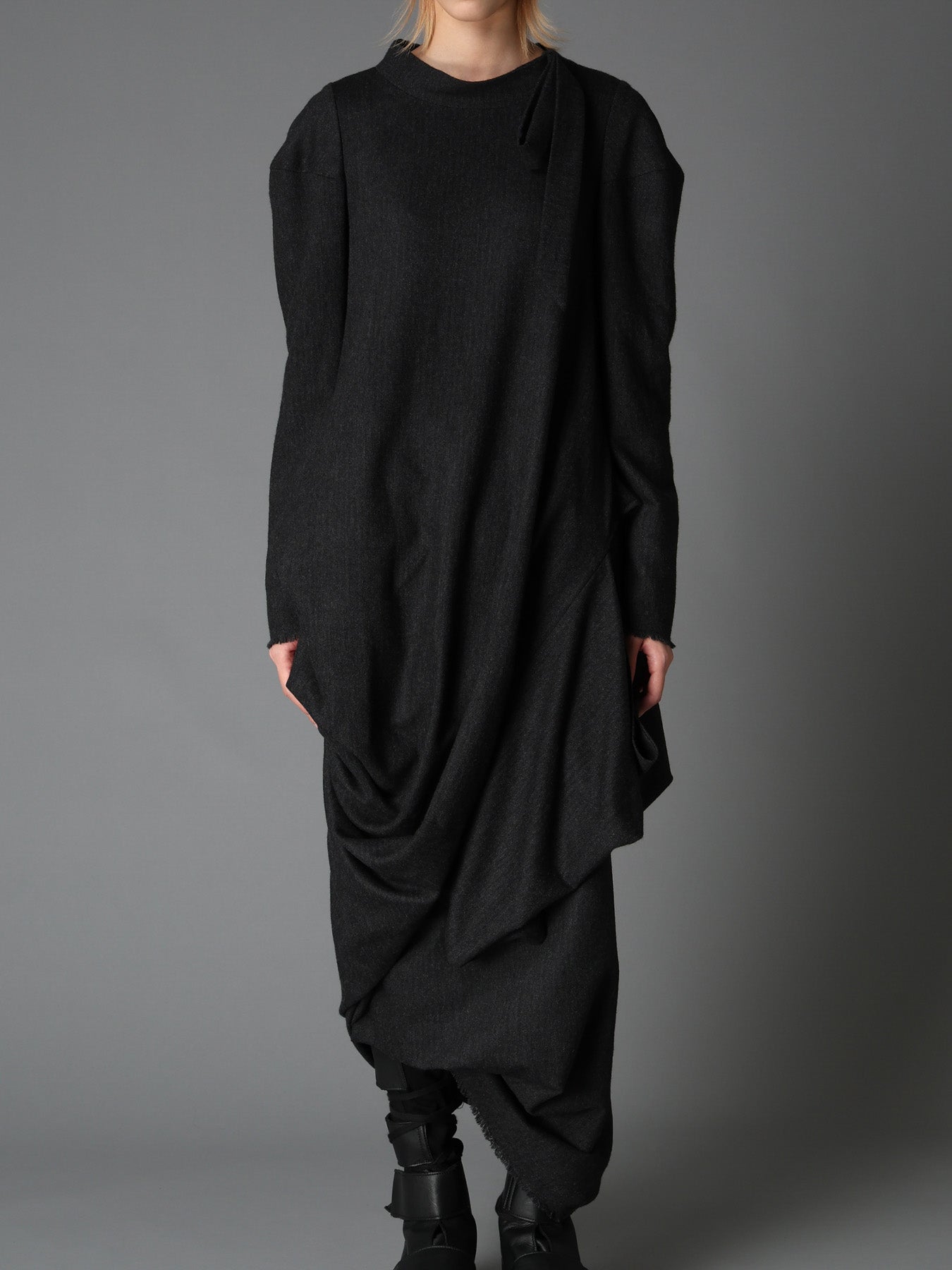 WOOL HERRINGBONE DRAPED DRESS