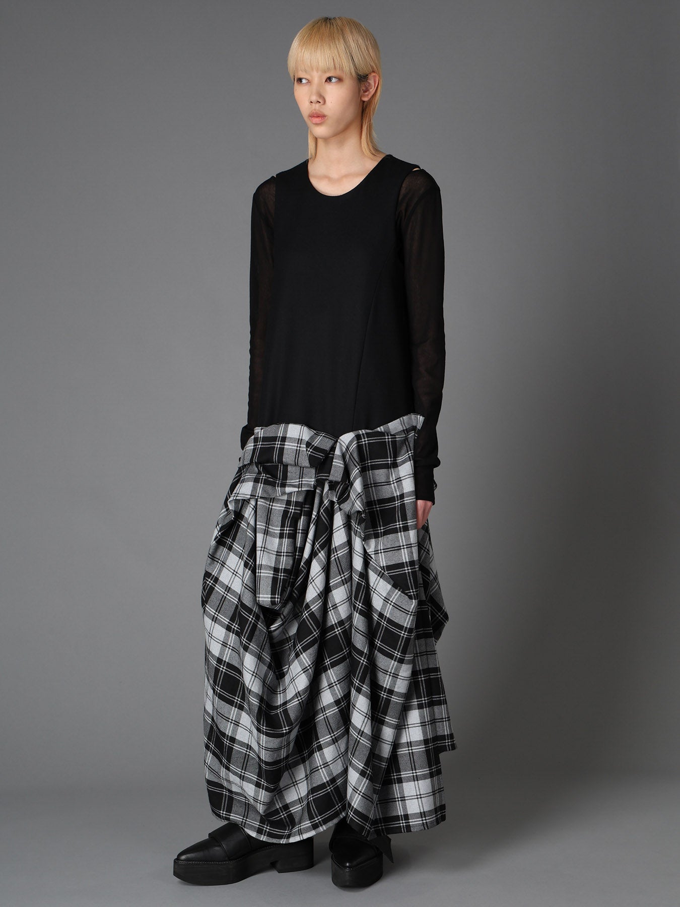 GREY TARTAN DRAPED SKIRT DRESS
