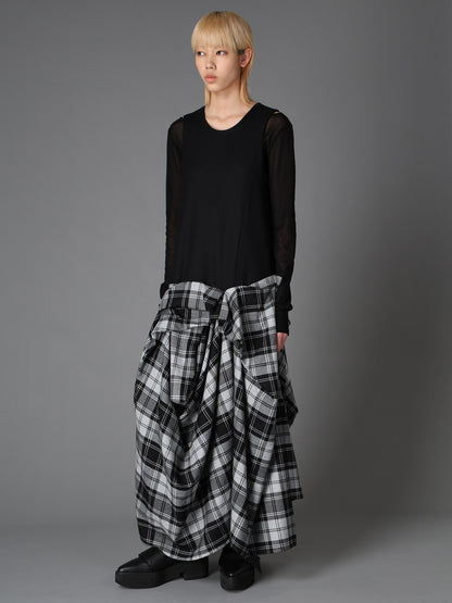 GREY TARTAN DRAPED SKIRT DRESS