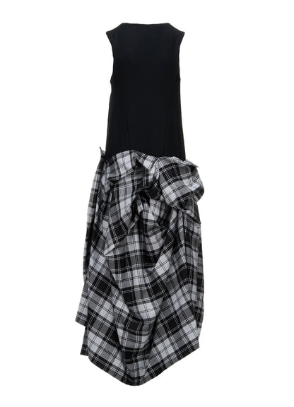 GREY TARTAN DRAPED SKIRT DRESS