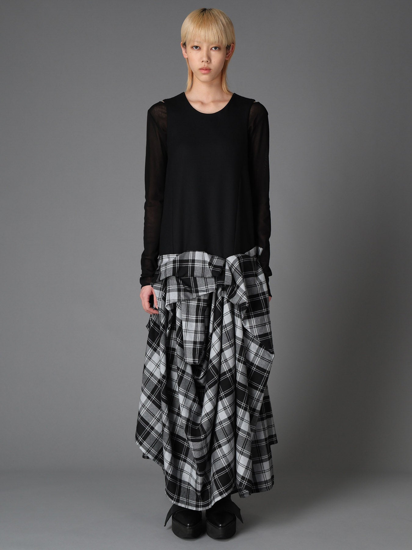 GREY TARTAN DRAPED SKIRT DRESS