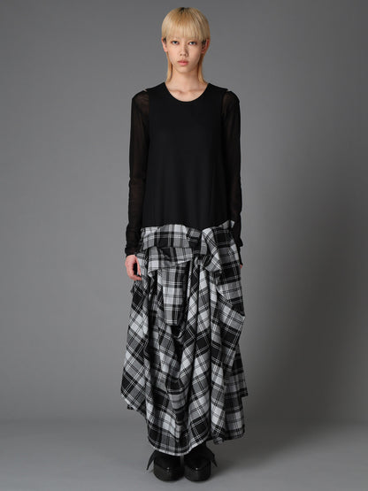 GREY TARTAN DRAPED SKIRT DRESS