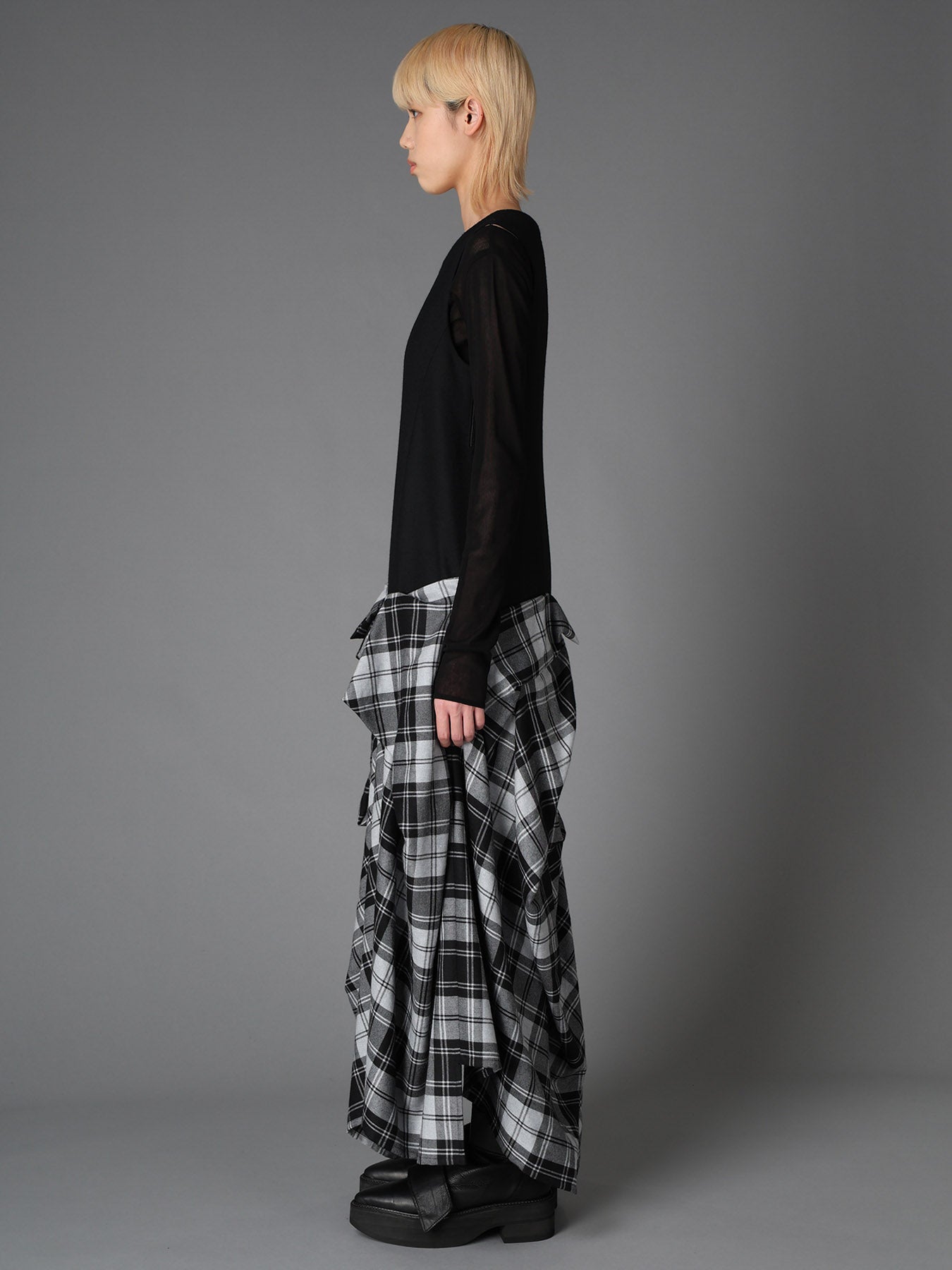 GREY TARTAN DRAPED SKIRT DRESS
