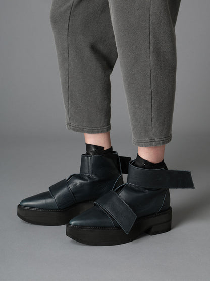 MATTE LEATHER+10-OUNCE DENIM 2-WAY BELTED LACE-UP ANKLE BOOTS