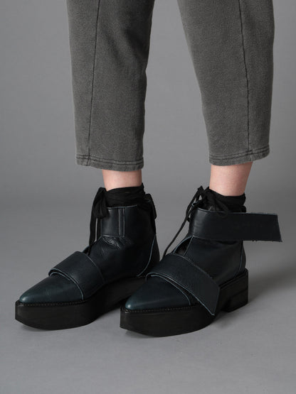 MATTE LEATHER+10-OUNCE DENIM 2-WAY BELTED LACE-UP ANKLE BOOTS