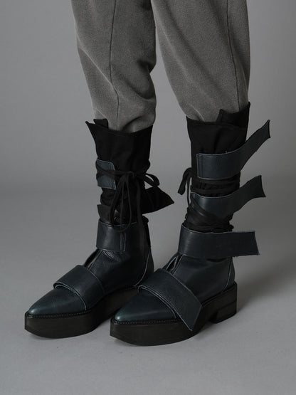 MATTE LEATHER+10-OUNCE DENIM 2-WAY BELTED LACE-UP ANKLE BOOTS