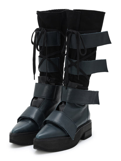 MATTE LEATHER+10-OUNCE DENIM 2-WAY BELTED LACE-UP ANKLE BOOTS