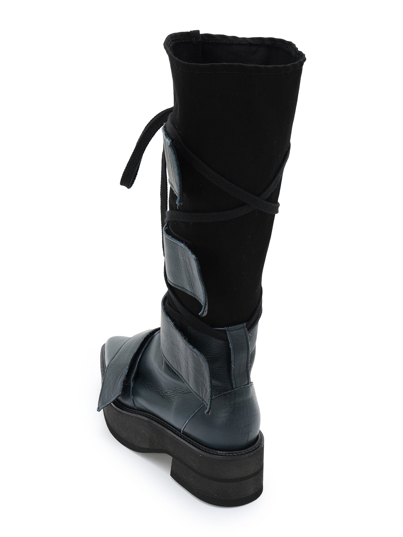 MATTE LEATHER+10-OUNCE DENIM 2-WAY BELTED LACE-UP ANKLE BOOTS