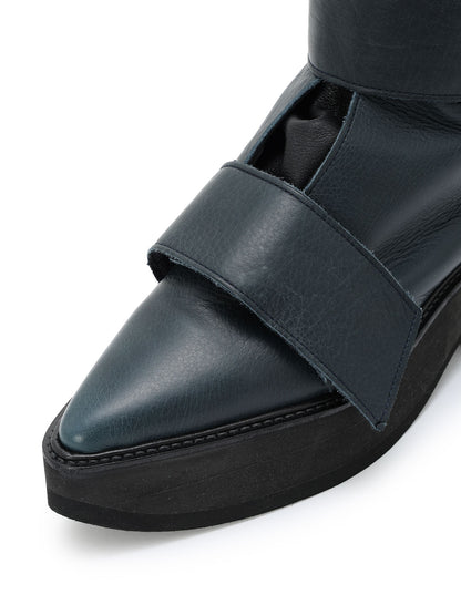 MATTE LEATHER+10-OUNCE DENIM 2-WAY BELTED LACE-UP ANKLE BOOTS