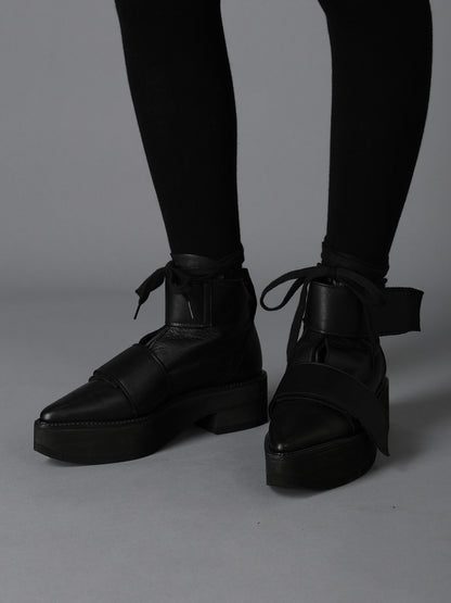 MATTE LEATHER+10-OUNCE DENIM 2-WAY BELTED LACE-UP ANKLE BOOTS