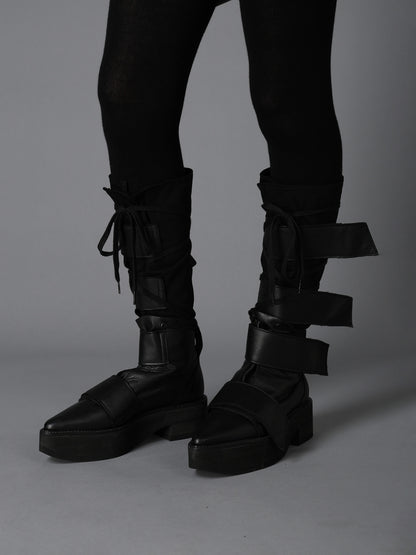 MATTE LEATHER+10-OUNCE DENIM 2-WAY BELTED LACE-UP ANKLE BOOTS