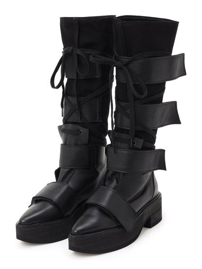 MATTE LEATHER+10-OUNCE DENIM 2-WAY BELTED LACE-UP ANKLE BOOTS