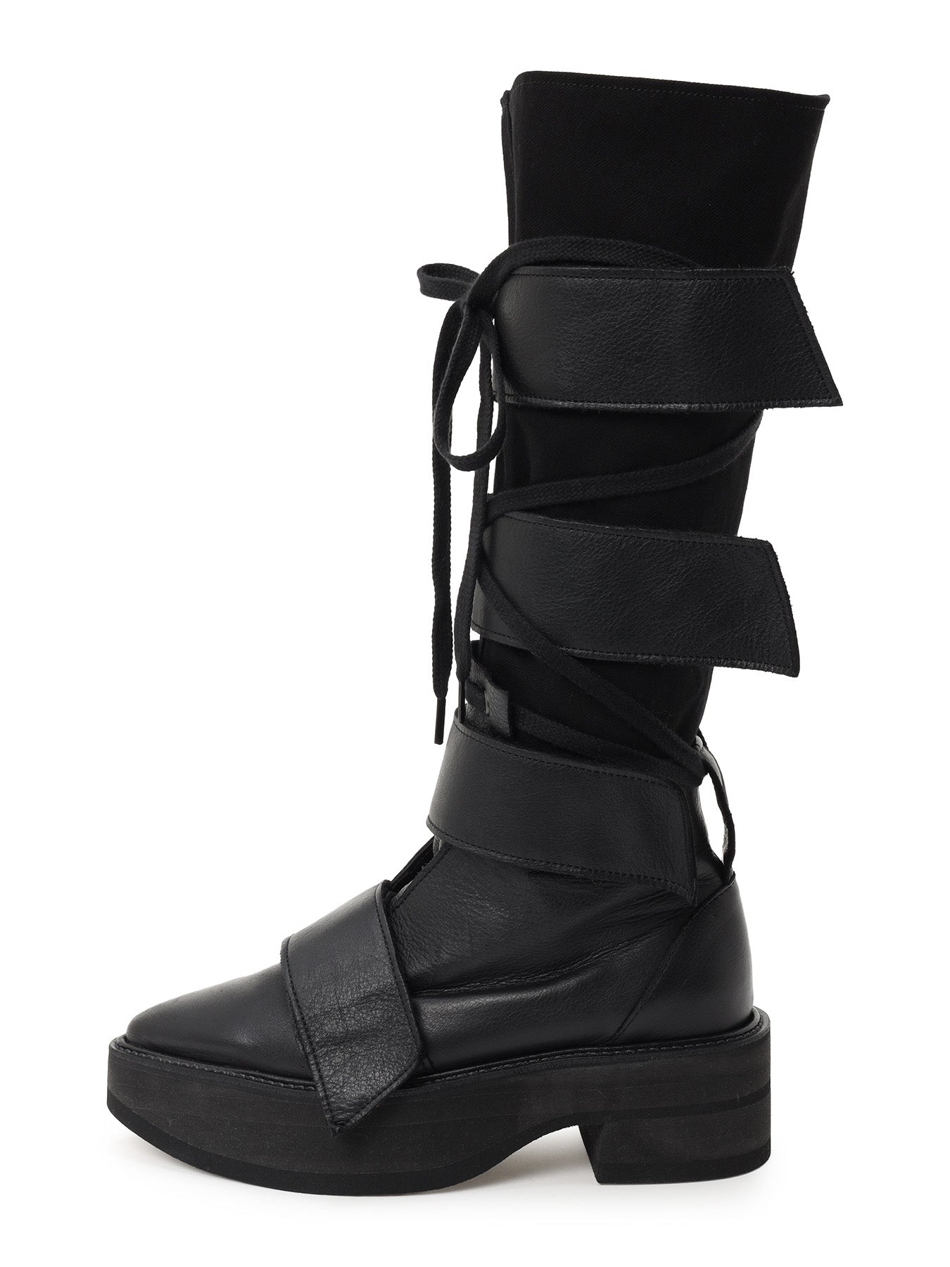MATTE LEATHER+10-OUNCE DENIM 2-WAY BELTED LACE-UP ANKLE BOOTS