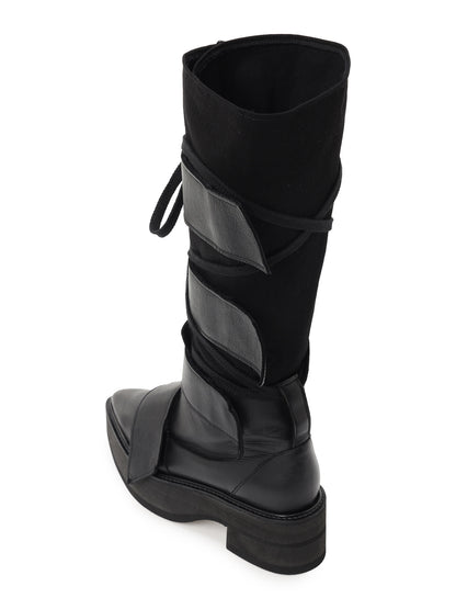 MATTE LEATHER+10-OUNCE DENIM 2-WAY BELTED LACE-UP ANKLE BOOTS