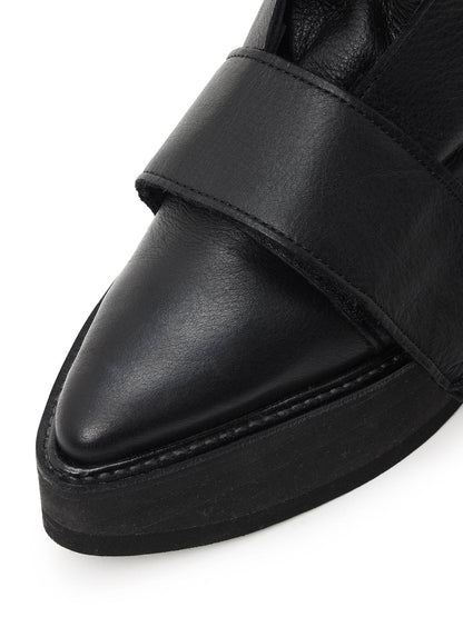 MATTE LEATHER+10-OUNCE DENIM 2-WAY BELTED LACE-UP ANKLE BOOTS