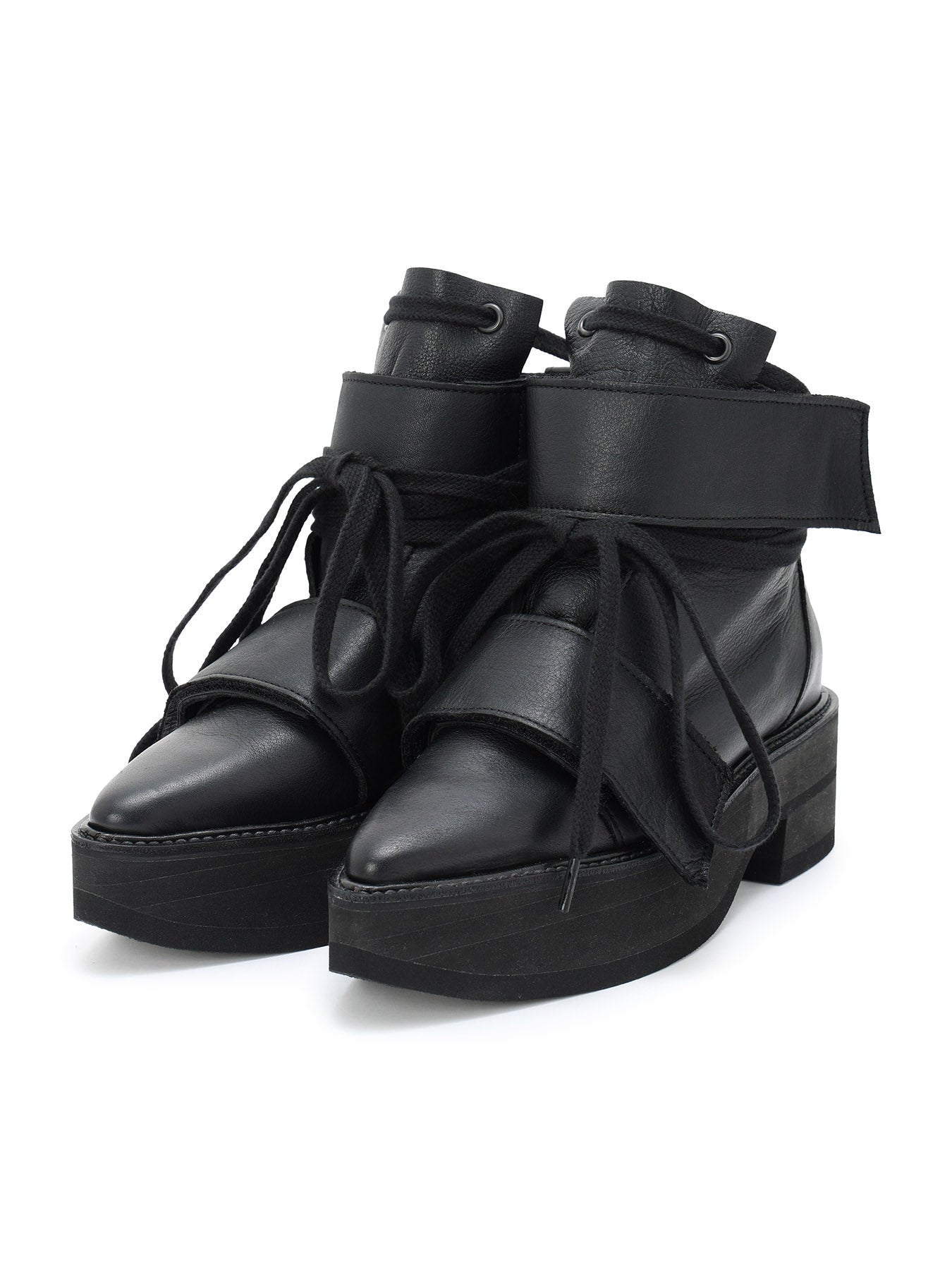 MATTE LEATHER+10-OUNCE DENIM 2-WAY BELTED LACE-UP ANKLE BOOTS