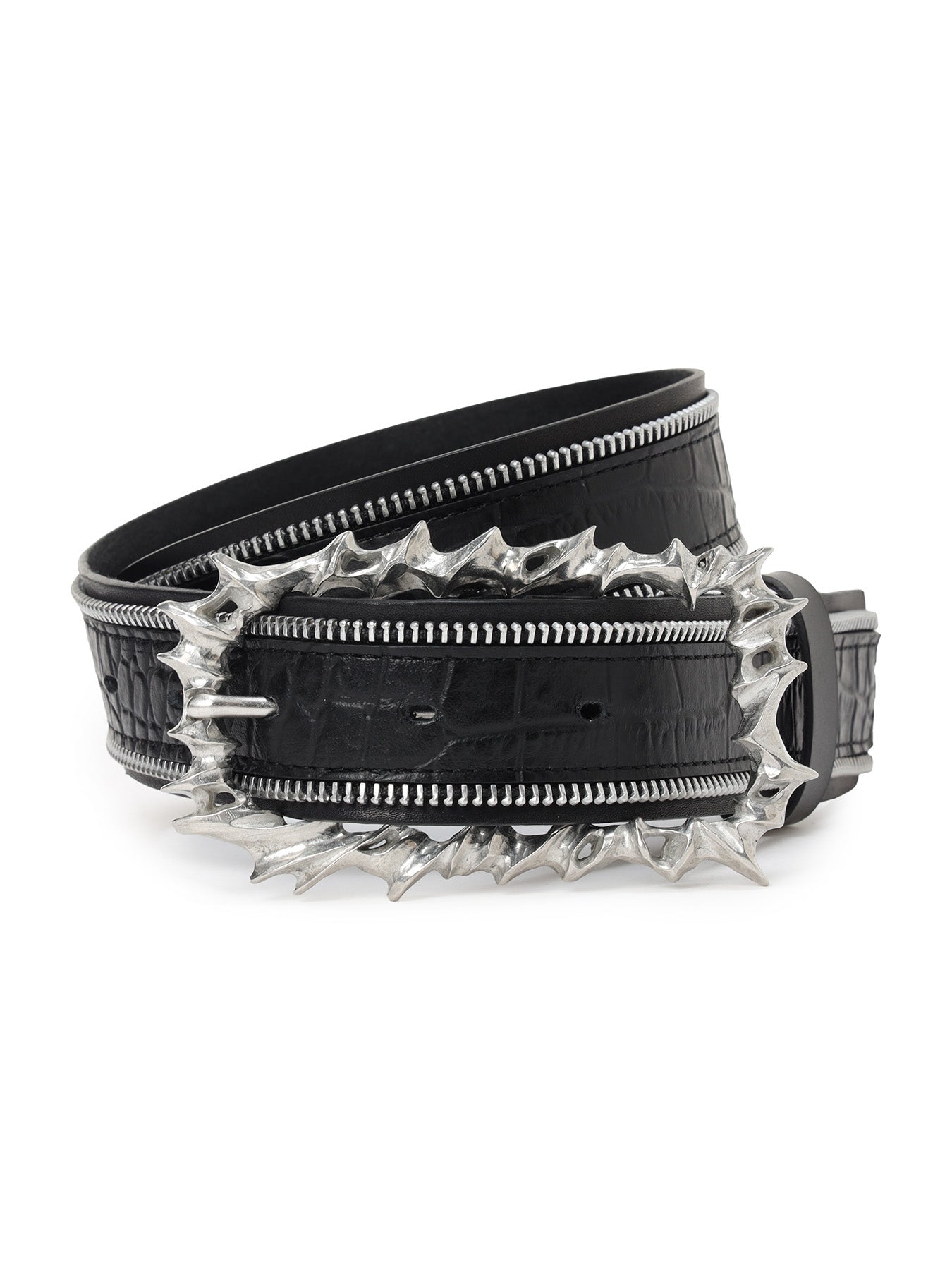 CROCO EMBOSSED LEATHER+KIP LEATHER  ZIP DETAIL BELT