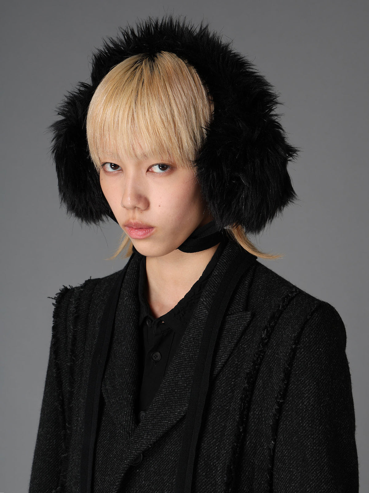 LONG FUR+MOIST TANNED KIP LEATHER RIBBON EARMUFFS