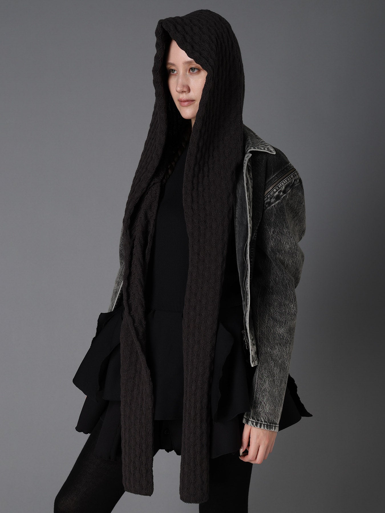BOBBLE RIB KNIT HOODED SCARF