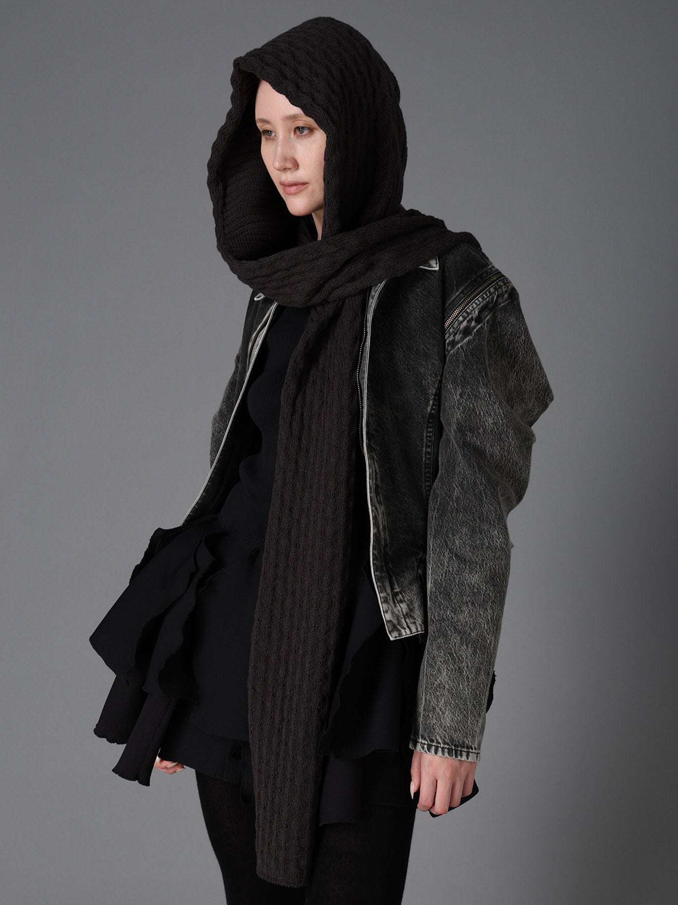 BOBBLE RIB KNIT HOODED SCARF