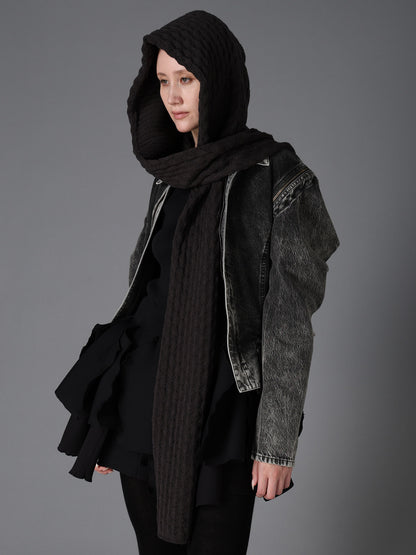 BOBBLE RIB KNIT HOODED SCARF